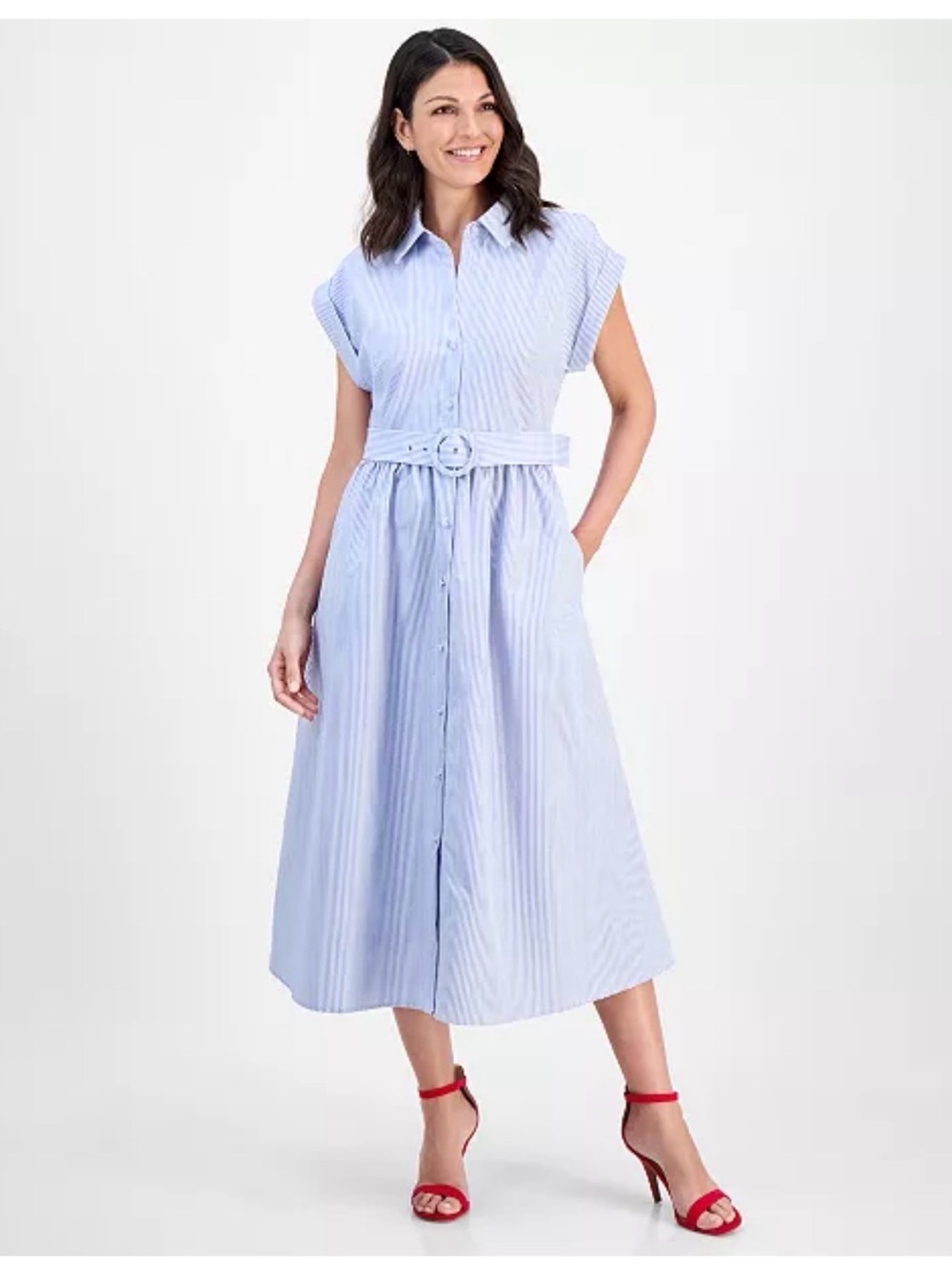 Robbie Bee Light Blue Striped Midi Shirt Dress with Belt
